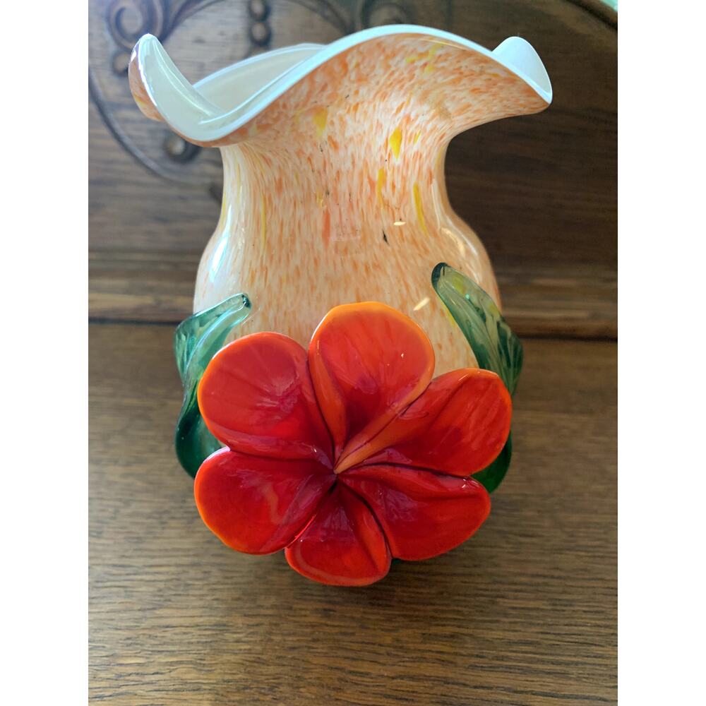 Vintage Murano VASE Art Blown Glass Colorful Raised Floral Design ITALY 7"